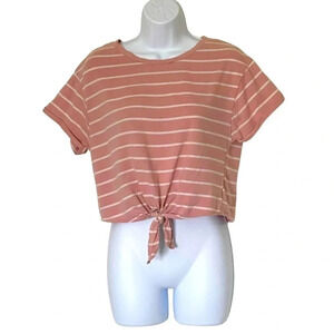 Tie-Up Crop Top Tee - Crew Neck- Pink and White Striped - Women's Size Medium